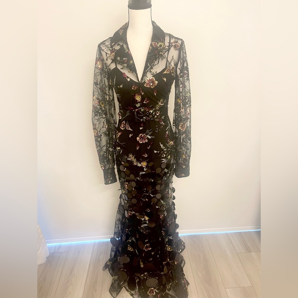 Badgley Mischka Black and Gold Plunge Gown with Bishop Sleeves